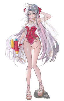 1girl absurdres ahoge aqua_eyes arm_up armpits bare_legs bare_shoulders bow breasts bubble99 carlotta_(splashing_summer)_(wuthering_waves) carlotta_(wuthering_waves) casual_one-piece_swimsuit clothing_cutout collarbone commentary_request cutout_above_navel feet flower full_body gluteal_fold grey_hair groin hair_bow hair_flower hair_ornament highleg highleg_one-piece_swimsuit highres holding holding_water_gun jewelry legs long_hair looking_at_viewer medium_breasts necklace off-shoulder_one-piece_swimsuit off_shoulder official_alternate_costume one-piece_swimsuit open-toe_shoes open_mouth parted_bangs pink_bow pink_one-piece_swimsuit revision sandals simple_background smile solo striped_bow swimsuit thigh_gap toes very_long_hair water_gun white_background white_flower wuthering_waves