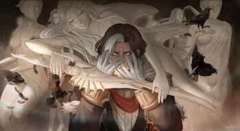 1boy absurdres ancient_greek_clothes bags_under_eyes bird black_bird black_feathers black_hair commentary covering_own_eyes crow emet-selch english_commentary epaulettes feathers final_fantasy final_fantasy_xiv forehead forehead_jewel fur-trimmed_collar fur_trim garlean gloves greco-roman_clothes grey_background highres holding holding_sword holding_weapon lens_flare looking_at_viewer looking_through_fingers male_focus marble_(stone) marble_sculpture multicolored_hair parted_bangs puffy_sleeves short_hair signature solo_focus sword third_eye two-tone_hair venat_(ff14) weapon white_gloves white_hair yellow_eyes yuki_lu