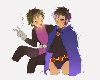 2boys beast_boy_(dc) beast_boy_(dc)_(cosplay) black_leotard blush cape cosplay couple crossed_arms dc_comics deecotan earrings facial_hair gloves goatee green_hair highleg highleg_leotard highres jewelry leotard looking_at_another male_focus monkey_d._luffy multiple_boys one_piece purple_cape purple_hair raven_(dc) raven_(dc)_(cosplay) short_hair simple_background teen_titans tongue tongue_out trafalgar_law yaoi