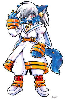 1boy absurdres animal_ear_fluff animal_ears animal_hands artist_name ascot beard belt bisei_no_rocky blue_fur blue_hair body_fur chinstrap_beard closed_mouth coat colored_skin commentary cross facial_hair facial_mark fang full_body furry furry_male gold_belt gold_trim grey_hair hair_over_one_eye hand_up highres kokomahi long_sleeves looking_at_viewer mark_under_eye medium_hair multicolored_hair official_art pants red_eyes sailor_collar samurai_evolution_oukoku_geist shirt shoes signature simple_background sleeve_cuffs sleeves_past_wrists smile solo standing tachi-e tail two-tone_hair white_background white_coat white_pants white_sailor_collar white_shirt white_shoes white_skin wolf_boy wolf_ears wolf_tail yellow_ascot