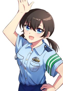 1girl arm_up badge blue_eyes blue_shirt blue_skirt breast_pocket breasts brown_hair character_request chinese_commentary collared_shirt commentary_request copyright_request dress_shirt hair_between_eyes hand_on_own_hip highres low_twintails medium_breasts medium_hair pocket police police_uniform policewoman sankin_(_sankin510) shirt simple_background skirt solo twintails vertical_stripes white_background