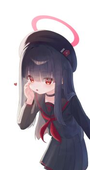 1girl beret black_choker black_hat black_sailor_collar black_serafuku black_shirt black_skirt blue_archive blunt_bangs blunt_ends choker halo hand_on_own_cheek hand_on_own_face hat heart highres hime_cut justice_task_force_member_(blue_archive) looking_at_viewer neckerchief parted_lips pleated_skirt red_eyes red_halo red_neckerchief sailor_collar school_uniform serafuku shirt simple_background skirt solo white_background yukiho_(69865456)