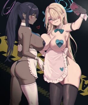 2girls absurdres apron arm_strap ass asuna_(blue_archive) bare_shoulders black_gloves black_hair black_thighhighs blonde_hair blue_archive blue_bow blue_bowtie blue_eyes blue_halo blue_necktie blush bow bowtie breasts cellphone cleavage dark-skinned_female dark_skin detached_collar gloves hair_over_one_eye hair_ribbon halo heart_pasties highres holding holding_phone karin_(blue_archive) large_breasts long_hair looking_at_viewer maid_apron multiple_girls necktie newbie_(user_zyxs5525) parted_lips pasties phone ponytail purple_halo ribbon selfie smile thighhighs thighs very_long_hair white_thighhighs wrist_cuffs yellow_eyes
