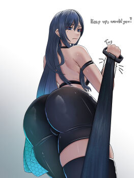 1girl ass ass_focus asymmetrical_clothes bare_shoulders blue_eyes blue_hair breasts cameltoe crossover from_behind from_below highres huge_ass large_breasts leash long_hair looking_at_viewer looking_back looking_down pants pov pulling raven_(stellar_blade) sideboob solo stellar_blade thick_thighs thighhighs thighs very_long_hair viewer_on_leash wiiriik