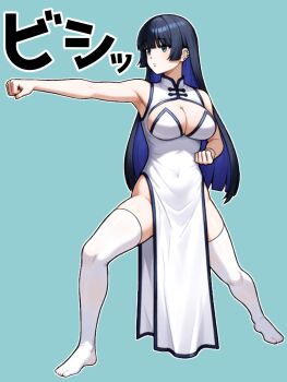 1girl alternate_breast_size_(larger) bare_shoulders blue_background blue_hair bocchi_the_rock! breasts chinese_clothes commentary_request dress ear_piercing full_body green_eyes highres long_hair mole mole_on_breast multicolored_hair no_shoes pa-san piercing ryuhirohumi simple_background solo standing thighhighs white_dress white_thighhighs