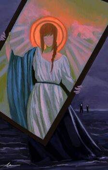 1girl 2boys angel_devil_(chainsaw_man) armlet ashima_rose black_hair black_jacket black_necktie blue_sky braid braided_ponytail chainsaw_man cloak closed_eyes collared_shirt formal_clothes halo hayakawa_aki highres jacket jewelry light_rays makima_(chainsaw_man) medium_hair multiple_boys necktie on_water picture_frame red_hair religion robe shirt short_hair sidelocks sky smile solo_focus suit sunbeam sunlight through_medium through_painting water white_cloak white_robe white_shirt