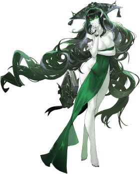 1girl arm_under_breasts artist_request aura azur_lane bare_arms bare_legs barefoot black_hair black_nails bracelet breasts character_request cleavage closed_mouth collarbone colored_skin covered_navel crossed_arms curly_hair dress drill_hair floating floating_hair floating_object full_body glowing green_dress green_eyes hair_between_eyes hair_ornament hand_on_own_arm hand_on_own_chin hand_on_own_face hand_up headgear highres jewelry large_breasts legs long_dress long_hair looking_at_viewer machinery nail_polish no_panties non-web_source official_art pale_skin pelvic_curtain pointy_ears side_slit sidelocks simple_background siren_(azur_lane) sleeveless sleeveless_dress solo standing strapless strapless_dress tassel thighs toenail_polish toenails transparent_background twin_drills very_long_hair wavy_hair weapon white_skin wind