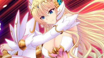 1girl bare_shoulders blonde_hair blue_eyes bracelet breasts cleavage closed_mouth detached_sleeves dress en_ciel_rena en_ciel_rena_(laelith) floating_hair frown game_cg gem hair_between_eyes hair_ornament headdress headgear headpiece holding holding_sword holding_weapon jewelry kourin_tenshi_en_ciel_rena large_breasts large_variant_set long_hair long_sleeves magical_girl non-web_source official_art red_background ring saitou_natsuki serious shield solo strapless strapless_dress suhamaya sword tiara tomoe_rena upper_body v-shaped_eyebrows variant_set very_long_hair weapon white_dress white_sleeves