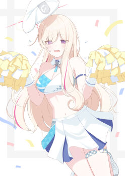 1girl @_@ absurdres alternate_costume bare_shoulders beret blonde_hair blonde_student_council_president_(blue_archive) blue_archive blush breasts cheerleader commentary_request confetti criss-cross_halter detached_collar embarrassed flying_sweatdrops gloves hair_between_eyes halo halterneck hands_up hat highres holding holding_pom_poms kotokoto_(pixiv_105451061) large_breasts long_hair looking_at_viewer midriff millennium_cheerleader_outfit_(blue_archive) miniskirt multicolored_hair multicolored_halo navel pleated_skirt pom_pom_(cheerleading) pom_poms purple_eyes red_hair red_halo shoes skirt solo sports_bra stomach streaked_hair sweatdrop tareme two-tone_hair two-tone_halo very_long_hair wavy_mouth white_gloves white_halo white_shoes white_skirt
