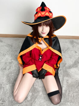 Rule 34 | 1girl, absurdres, asymmetrical legwear, barefoot, belt, belt collar, black cape, black gloves, black hat, black thighhighs, blunt bangs, brown hair, cape, collar, cosplay, cosplay photo, dress, full body, gloves, hat, highres, kneeling, kono subarashii sekai ni shukufuku wo!, lips, long hair, long sleeves, looking at viewer, looking up, megumin, megumin (cosplay), mismatched legwear, mole, on floor, orange trim, photo (medium), red dress, red eyes, rug, sidelocks, single thighhigh, smile, soles, solo, stelarhoshi, thighhighs, witch hat