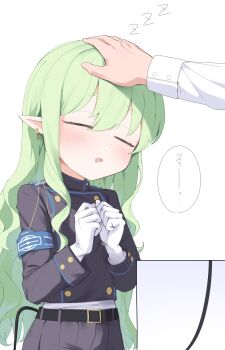 1boy 1girl absurdres armband belt blue_archive blue_armband buttons closed_eyes commentary_request demon_tail double-breasted drooling gloves green_hair hand_on_another&#039;s_head headpat highres hikari_(blue_archive) long_hair long_sleeves mouth_drool no_halo own_hands_together parted_lips pita_goral pointy_ears sensei_(blue_archive) simple_background sleeping sleeping_upright solo_focus speech_bubble standing tail upper_body variant_set white_background white_gloves zzz