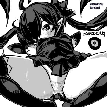 1girl ahoge arms_behind_head backbeako_(torotei) backbeard blush breasts commentary dated dated_commentary dress elbow_gloves gegege_no_kitarou gloves greyscale hair_over_one_eye hair_ribbon kono_lolicon_domome loli long_hair looking_at_viewer lying monochrome no_shoes on_back original paid_reward_available pointy_ears ribbon simple_background sleeveless sleeveless_dress small_breasts solo spread_legs sweat thighhighs torotei translated twintails variant_set very_long_hair watermark web_address white_background