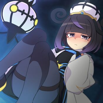 1girl black_background black_eyes black_hair black_pantyhose blue_gloves blush chandelure closed_mouth curakuru gen_5_pokemon gloves gradient_background gwynn_(pokemon) hat highres legs long_sleeves looking_at_viewer nintendo pantyhose pokemon pokemon_(creature) pokemon_legends:_z-a short_hair sitting white_hat