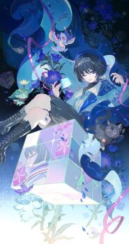 1boy ;p absurdres arama_(genshin_impact) aranara_(genshin_impact) ararycan_(genshin_impact) belt beret black_background black_bodysuit black_boots black_cat black_hair black_shorts blue_belt blue_flower blue_hat blue_shawl blunt_ends bodysuit boots casual cat chinese_commentary collared_shirt commentary_request contemporary crossed_legs cube dragon durin_(genshin_impact) eyeliner falling_petals feathers fingernails flower fringe_trim full_body genshin_impact hakama hakama_shorts hands_up hat highres japanese_clothes knee_boots lace-up_boots long_eyelashes long_sleeves looking_at_viewer lyodi makeup male_focus mini_durin_(genshin_impact) official_alternate_costume one_eye_closed open_collar petals pink_flower pink_ribbon plant pleated_shorts pom_pom_(clothes) purple_eyes purple_flower purple_petals red_eyeliner red_scarf ribbon rubik's_cube scaramouche_(cat)_(genshin_impact) scaramouche_(genshin_impact) scaramouche_(kabukimono)_(genshin_impact) scarf shawl shirt shorts sitting small_dragon string tongue tongue_out tsurime turtleneck turtleneck_bodysuit wanderer_(genshin_impact) wanderer_(impression)_(genshin_impact) white_shirt white_sleeves white_trim wispy_bangs yellow_feathers yellow_flower