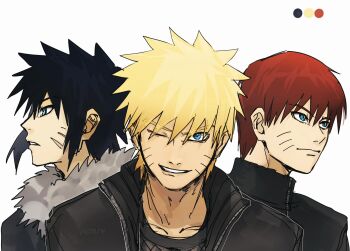 3boys alternate_hair_color alternate_hairstyle black_hair black_jacket blonde_hair blue_eyes color_guide commentary facial_mark fur-trimmed_jacket fur_trim grin highres jacket male_focus multiple_boys naruto:_road_to_ninja naruto_(series) naruto_shippuuden notane_n one_eye_closed red_hair smile uzumaki_menma uzumaki_naruto whisker_markings