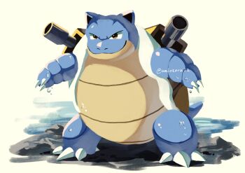 absurdres animal_focus blastoise brown_hair closed_mouth full_body gen_1_pokemon highres looking_at_viewer nintendo no_humans noahzark1212 pokemon pokemon_(creature) pokemon_focus shell smile solo standing tail turtle_shell water wet