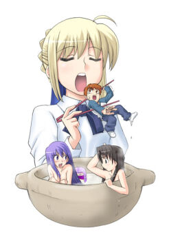 00s 1boy 4girls artoria_pendragon_(fate) blonde_hair blouse brown_hair closed_eyes crying cup eating emiya_shirou fate/stay_night fate_(series) giant giantess gts in_container in_cup long_hair matou_sakura medusa_(fate) medusa_(rider)_(fate) mini_person miniboy minigirl multiple_girls open_mouth purple_hair raglan_sleeves saber_(fate) scared shirt short_hair simple_background size_difference soft_vore tears tohsaka_rin vore white_background
