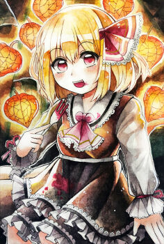 1girl ascot bad_id bad_pixiv_id black_skirt black_vest blonde_hair chinese_lantern_(plant) commentary_request fork frilled_skirt frills hair_ribbon highres holding holding_fork long_sleeves looking_at_viewer medium_hair mofumaa open_mouth red_ascot red_eyes red_ribbon ribbon rumia shirt skirt skirt_set smile solo touhou traditional_media vest white_shirt