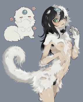 1girl animal_hands black_hair blue_background blush breasts closed_eyes completely_nude cowboy_shot creature flower fluffy forehead_jewel fraid furrification furry green_eyes highres jejejunum jejenum_(jejejunum) long_hair multicolored_hair nervous no_mouth no_nose nude open_mouth original pubic_hair simple_background small_breasts split-color_hair sweat transformation white_fur white_hair