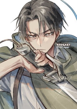 1boy arms_up artist_name black_hair blade cloak closed_eyes commentary forehead green_cloak handle holding holding_weapon hood hood_down kadeart levi_(shingeki_no_kyojin) looking_at_viewer male_focus parted_bangs shine shingeki_no_kyojin shirt short_hair simple_background solo strap upper_body v-shaped_eyebrows weapon white_background white_shirt