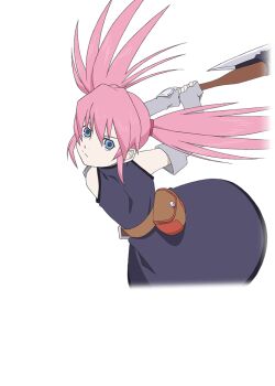 Rule 34 | 1girl, artist request, axe, belt, belt bag, black trim, blue eyes, brown bag, closed mouth, coat, commentary, cowboy shot, elbow gloves, fighting stance, from behind, from side, game cg, gloves, grey coat, grey gloves, holding, holding axe, long hair, looking at viewer, official art, pink hair, presea combatir, purple coat, sleeveless, sleeveless coat, solo, tales of (series), tales of asteria, tales of symphonia, third-party source, transparent background, twintails