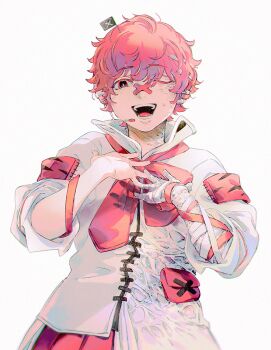 1boy ;d asertr asymmetrical_clothes bandaged_arm bandages bandaid bandaid_on_face bandaid_on_nose black_mouth bow bowtie bright_pupils chromatic_aberration coat colored_eyelashes commentary crossed_bandaids fingernails flag from_below fukase hair_between_eyes hands_on_own_chest hands_up head_flag headset looking_at_viewer male_focus one_eye_closed open_mouth pleated_skirt red_bow red_bowtie red_eyes red_hair red_skirt short_hair simple_background skirt smile solo standing straight-on teeth three-quarter_sleeves tongue upper_body vocaloid white_background white_coat white_pupils
