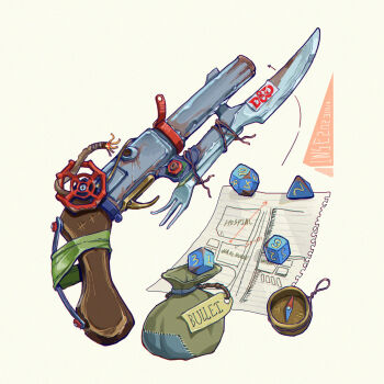 arrow_(symbol) artist_name bayonet chromatic_aberration compass dated dice dungeons_&amp;_dragons english_text fork fuse gun handgun highres iwse_zhang knife logo map_(object) no_humans original paper pouch rust signature simple_background still_life weapon white_background
