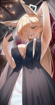 1girl absurdres alternate_costume armpits black_dress blue_archive blue_eyes blue_halo breasts cellphone cleavage clenched_teeth clothing_cutout dress from_below hair_over_one_eye halo highres holding holding_phone kanna_(blue_archive) navel navel_cutout phone sharp_teeth solo tagua teeth