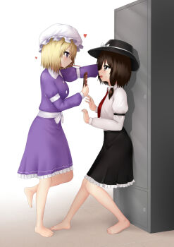 2girls barefoot black_skirt blonde_hair bow breasts brown_eyes brown_hair collared_shirt commentary doge_(jkdoge) dress food food_in_mouth frilled_skirt frills hat hat_bow heart height_difference highres leg_up long_sleeves maribel_hearn medium_breasts medium_hair mob_cap mouth_hold multiple_girls necktie open_mouth pocky pocky_in_mouth purple_dress purple_eyes red_necktie shirt simple_background skirt smile standing standing_on_one_leg sweatdrop symbol-only_commentary toes touhou usami_renko variant_set white_background white_bow white_hat white_shirt yuri