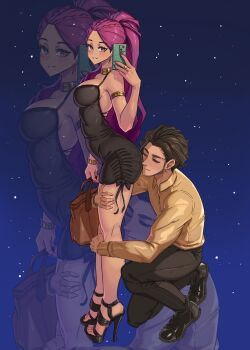 1boy 1girl absurdres alternate_costume ass breasts cellphone claude_von_riegan couple dark-skinned_female dark-skinned_male dark_skin earrings emmettart fire_emblem fire_emblem:_three_houses head_on_ass hetero high_heels highres jewelry large_breasts nintendo petra_macneary phone purple_eyes purple_hair purple_nails shirt smartphone yellow_shirt