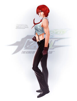 1girl ass breasts curvy female_focus formal_clothes gloves large_breasts legadovisual pale_skin pants red_hair shirt shoes short_hair standing the_king_of_fighters thick_thighs thighs toned toned_female vanessa_(kof) white_shirt