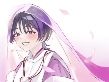 1boy black_hair blunt_ends blush bright_pupils clothing_cutout eyeliner eyeshadow falling_petals genshin_impact japanese_clothes kariginu kimono layered_sleeves looking_at_viewer makeup male_focus minatuki_(m1natuki_i) multicolored_hair open_mouth petals pink_kimono pink_lips pink_petals pink_sleeves pom_pom_(clothes) portrait purple_eyes purple_hair purple_veil red_eyeliner red_eyeshadow scaramouche_(genshin_impact) scaramouche_(kabukimono)_(genshin_impact) see-through_clothes see-through_veil shoulder_cutout smile solo streaked_hair string twitter_username veil white_mouth white_pupils white_sleeves wispy_bangs