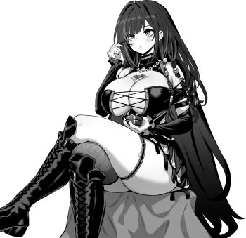 1girl applying_makeup azur_lane azur_lane:_slow_ahead bags_under_eyes black_boots black_hair black_nails boots breasts cleavage commentary_request crossed_legs greyscale hand_up highres hori_(hori_no_su) jewelry knee_boots large_breasts monochrome multicolored_hair necklace official_art parted_lips queen_anne&#039;s_revenge_(azur_lane) simple_background single_thighhigh sitting solo streaked_hair thigh_strap thighhighs white_background