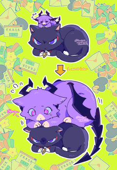 Rule 34 | 2others, absurdres, animal focus, bell, cat, cat tail, durin (genshin impact), eromkk, genshin impact, hashtag-only commentary, heart, highres, horns, letter, looking at another, looking at viewer, multiple others, pink eyes, scaramouche (cat) (genshin impact), scaramouche (genshin impact), tail, watermark, wings, yellow eyes