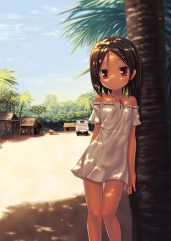 1girl against_tree bare_shoulders blush breasts brown_hair child dappled_sunlight dark-skinned_female dark_skin day dress female_focus jewelry leaning light_smile looking_at_viewer necklace original outdoors palm_tree red_eyes sand short_hair sky small_breasts smile solo sunlight tan thigh_gap tree tree_shade vehicle yukino_minato