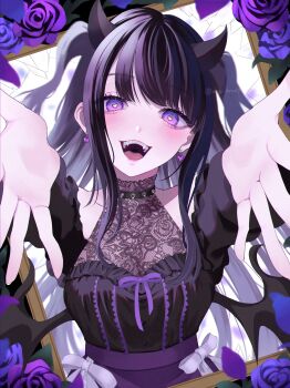 1girl :d absurdres aegyo_sal amanegi_toro bare_shoulders beckoning black_collar black_hair black_horns black_shirt black_wings bow bow_skirt breasts bright_pupils broken_glass choppy_bangs clothing_cutout collar commentary demon_girl demon_horns demon_wings dress earrings fangs fingernails flower foreshortening glass halter_dress halterneck happy heart heart-shaped_pupils heart_collar heart_earrings high-waist_skirt highres horns jewelry lace light_blush long_hair long_sleeves looking_at_viewer low_wings medium_breasts open_hands open_mouth original outstretched_arms picture_frame purple_eyes purple_flower purple_hair purple_ribbon purple_rose purple_skirt ribbon rose see-through_cleavage see-through_clothes shirt shoulder_cutout sidelocks skirt smile solo straight-on symbol-shaped_pupils through_medium through_painting two_side_up upper_body white_background white_bow white_pupils wings