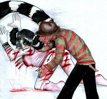 a_nightmare_on_elm_street age_difference blood blood_on_clothes blood_on_hands blue_eyes clothes_grab freddy_krueger furry furry_female furry_male smile tail tail_raised tongue tongue_out zeriara