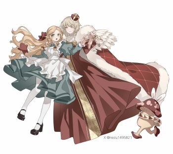 2girls alice&#039;s_adventures_in_wonderland animal_ears apron artist_name blonde_hair blue_dress bow braid crown dress dungeon_meshi elf falin_touden feather-trimmed_cape full_body green_eyes hair_bow highres holding holding_key key long_hair looking_at_another looking_to_the_side marcille&#039;s_familiar marcille_donato multiple_girls nezu1495821 open_mouth pointy_ears rabbit_ears shoes short_hair simple_background socks twin_braids walking_mushroom_(dungeon_meshi) white_background yellow_eyes yuri