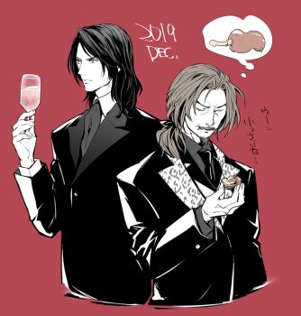 Rule 34 | 2boys, alucard (castlevania), arikado genya, black hair, black jacket, black necktie, boned meat, brown eyes, brown hair, castlevania (series), closed eyes, closed mouth, collared shirt, commentary request, cropped torso, cup, drinking glass, facial hair, food, grel (r6hgvu5), grey shirt, holding, holding cup, jacket, julius belmont, layered sleeves, long hair, long sleeves, male focus, meat, multiple boys, mustache, necktie, red background, shirt, simple background, speech bubble, spoken food, thought bubble, translation request