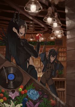 2girls absurdres apple bahamut_(nikke) behemoth_(nikke) bikini black_bikini black_gloves black_jacket blush bodystocking bouquet closed_mouth commentary covered_navel flower food fruit glasses gloves goddess_of_victory:_nikke highres holding holding_food holding_fruit horns indoors jacket lamp long_hair long_sleeves looking_at_viewer looking_back multiple_girls open_mouth peparonipi20 phonograph red_eyes semi-rimless_eyewear shelf standing swimsuit symbol-only_commentary under-rim_eyewear v