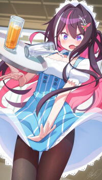1girl absurdres accident alternate_costume azki_(hololive) black_pantyhose blue_dress blush braid breasts brown_hair buttons cleavage clumsy colored_inner_hair commentary_request covering_crotch covering_privates cowboy_shot detached_collar double-breasted double-parted_bangs dress facing_viewer framed_breasts hair_between_eyes hair_intakes hair_ornament hairclip half_up_half_down_braid half_updo highres holding holding_tray hololive long_hair looking_down maid_headdress mille mole mole_under_eye multicolored_hair open_mouth pantyhose pinafore_dress pink_hair ponytail puffy_short_sleeves puffy_sleeves purple_eyes shirt short_ponytail short_sleeves skirt skirt_flip skirt_tug sleeveless sleeveless_dress small_breasts solo spilling streaked_hair striped_clothes striped_dress surprised tray underbust vertical-striped_clothes vertical-striped_dress very_long_hair virtual_youtuber waitress white_hair white_shirt wind wind_lift