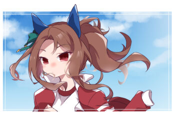 Rule 34 | 1girl, animal ears, beer hsk, blue sky, brown hair, closed mouth, cloud, day, floating hair, gym shirt, horse ears, jacket, jacket on shoulders, king halo (umamusume), long hair, looking at viewer, red eyes, red jacket, shirt, sky, solo, track jacket, umamusume, upper body, white shirt