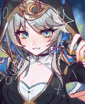 1girl absurdres animal_hood blue_hair bow breasts cat_girl cat_hood charm_(object) choker cipher_(honkai:_star_rail) cleavage commentary_request grey_hair grin hair_bow hashtag-only_commentary highres honkai:_star_rail honkai_(series) hood leotard mafuyu_gogo medium_breasts mole mole_on_breast shirt smile solo yellow_nails