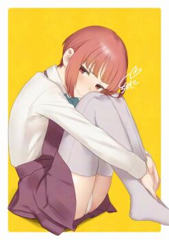 1girl blue_bow blue_bowtie blunt_bangs blush border bow bowtie collared_shirt commentary_request cosplay dress from_side full_body grey_thighhighs heart hugging_own_legs kantai_collection knees_up looking_at_viewer outside_border panties pleated_dress red_dress red_eyes red_hair rounded_corners sakiecho shadow shirt short_hair sidelocks signature sitting smile solo thighhighs underwear white_border white_panties white_shirt yellow_background yuugumo_(kancolle) yuugumo_(kancolle)_(cosplay) z3_max_schultz_(kancolle)