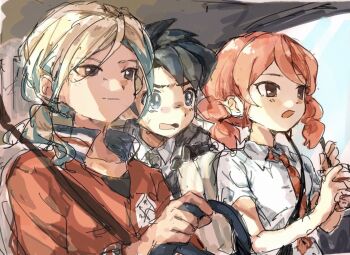 1girl 2boys black_eyes black_hair black_jacket black_necktie blonde_hair blue_hair blue_streaks braid car_interior driving gouenji_shuuya gouenji_yuuka inazuma_eleven_(series) inazuma_eleven_go jacket multicolored_hair multiple_boys necktie pink_hair red_jacket red_necktie seatbelt shirt streaked_hair twin_braids utsunomiya_toramaru white_shirt yk_x711