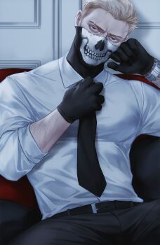 Rule 34 | 1boy, arm tattoo, belt, black belt, black gloves, black pants, blonde hair, call of duty, call of duty: modern warfare 2, collared shirt, ghost (modern warfare 2), gloves, highres, male focus, mask, mouth mask, muscular, muscular male, necktie, pants, shirt, short hair, sitting, solo, tattoo, watch, white shirt, wristwatch, zhyphenth