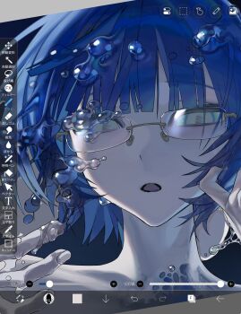 1girl :o art_program_in_frame blue_hair blunt_bangs bubble floating_hair glasses grey_eyes highres ibispaint_(medium) looking_at_viewer original oxo_404 pale_skin portrait short_hair solo
