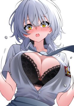 1girl aldided black_bra blush bra breasts cleavage commentary english_commentary grey_hair highres indonesian_high_school_uniform large_breasts looking_at_viewer name_tag school_uniform solo underwear yellow_eyes