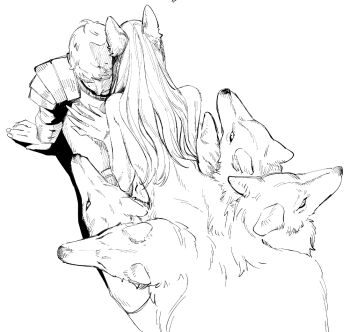 1boy 1girl animal_ears commentary_request dungeon_meshi from_above girl_on_top greyscale hakomiso laios_touden marcille_donato marcille_donato_(scylla) monochrome monster_girl multiple_heads nude simple_background taur wolf wolf_ears