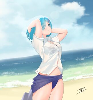1girl arms_behind_head arms_up beach bikini blue_bikini blue_bra blue_eyes blue_hair blue_sarong blue_sky bra breasts cloud collared_shirt cowboy_shot day dress_shirt eyes_visible_through_hair hair_ornament hair_over_one_eye highres horizon looking_at_viewer medium_breasts miarin141 ocean outdoors parted_lips re:zero_kara_hajimeru_isekai_seikatsu rem_(re:zero) sarong see-through_clothes shirt short_hair short_sleeves signature sky solo standing swimsuit underwear white_shirt x_hair_ornament